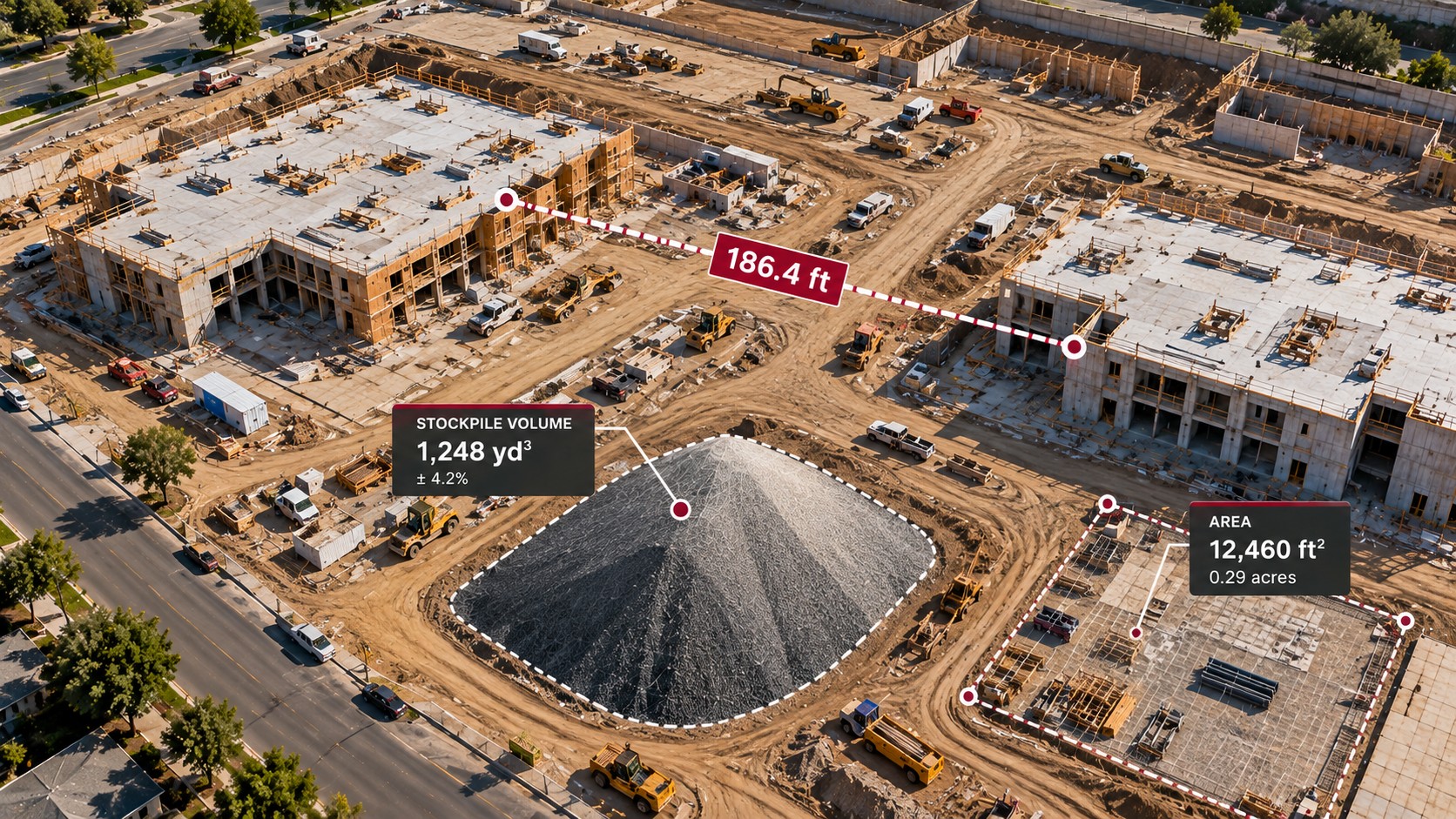 Conceptual aerial construction data visualization showing distance, area and stockpile volume measurements